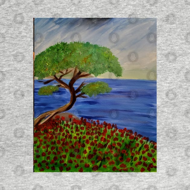 Bonzai tree over the edge of a cliff with poppies growing everywhere and a small island in the distance. by kkartwork